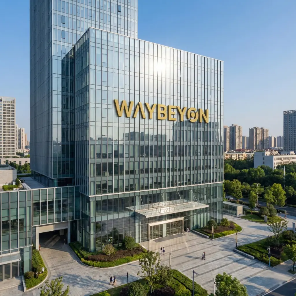 Glass high-rise office building with the word WAYBEYON in large gold letters on the facade, surrounded by trees and a paved plaza on a clear day.