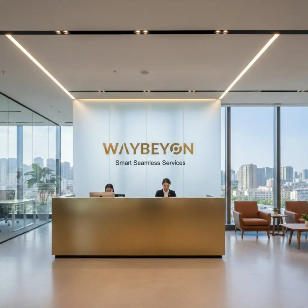 Modern corporate office reception with a gold front desk, two reception staff, and a wall logo reading ‘WAYBEYON – Smart Seamless Services,’ set in a bright space with glass walls and city views.