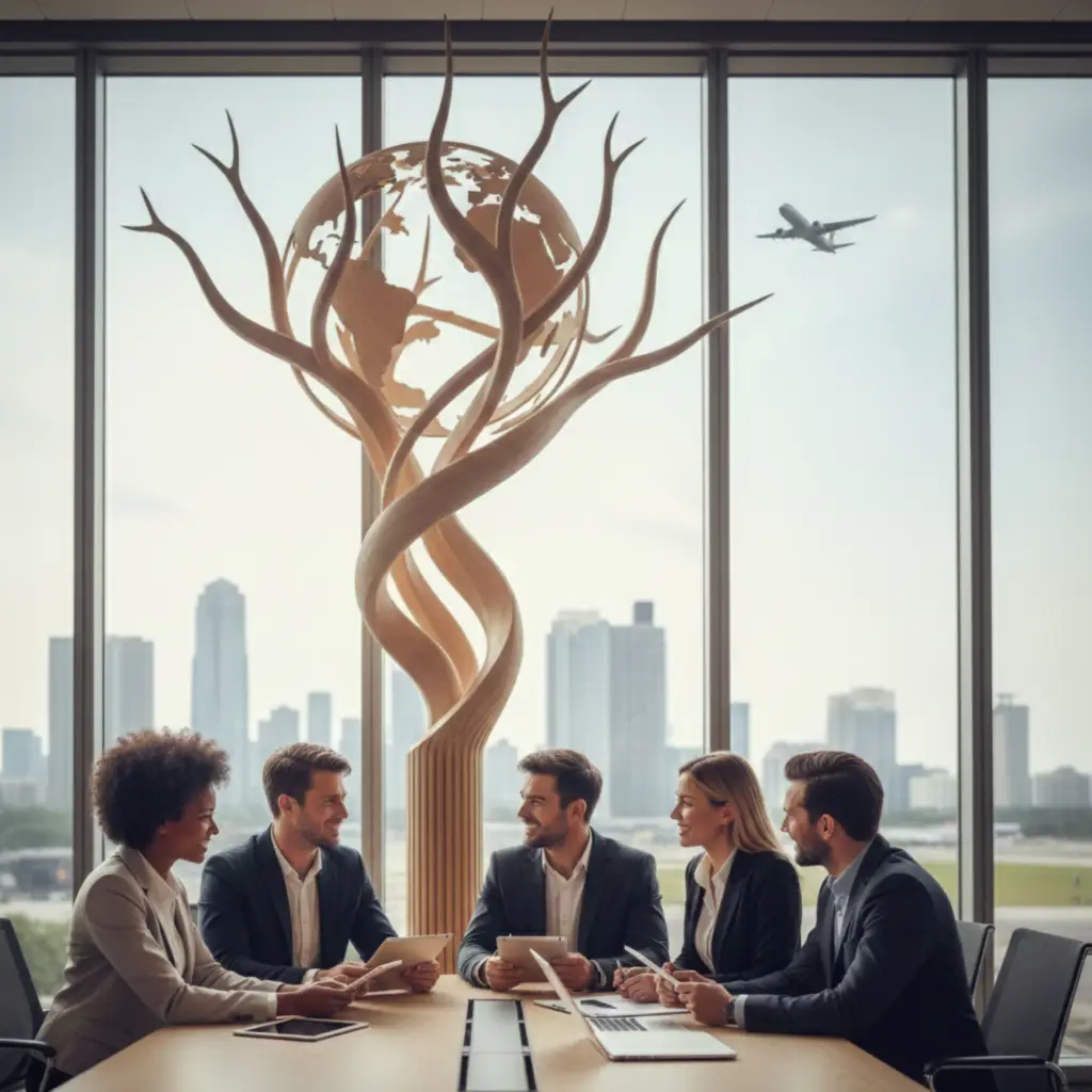 About Five business professionals sit around a conference table in a modern office, collaborating with tablets and laptops, with a sculptural wooden globe-tree centerpiece and an airplane visible outside the window.