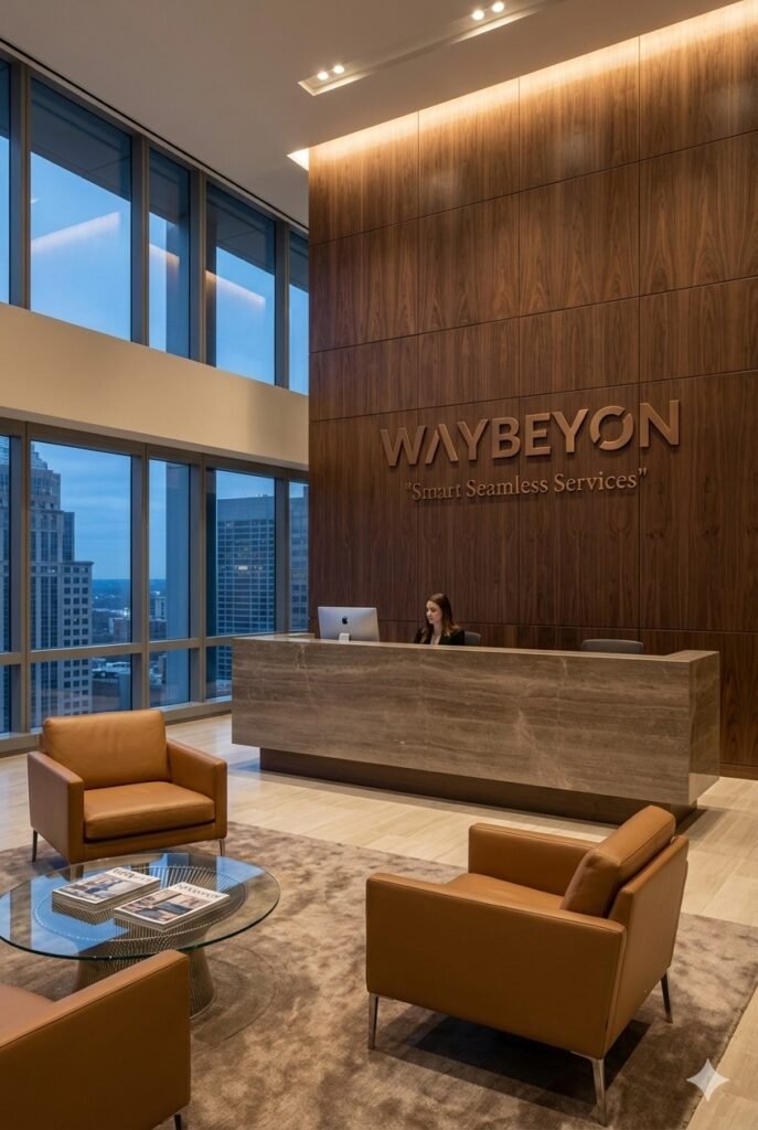 Modern corporate office reception with a gold front desk, two reception staff, and a wall logo reading ‘WAYBEYON – Smart Seamless Services,’ set in a bright space with glass walls and city views.